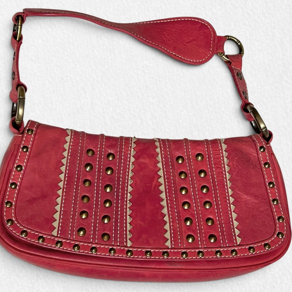 Tommy Bahama Salmon Red Studded Shoulder Bag Flap Purse Beige Trim Boho Western